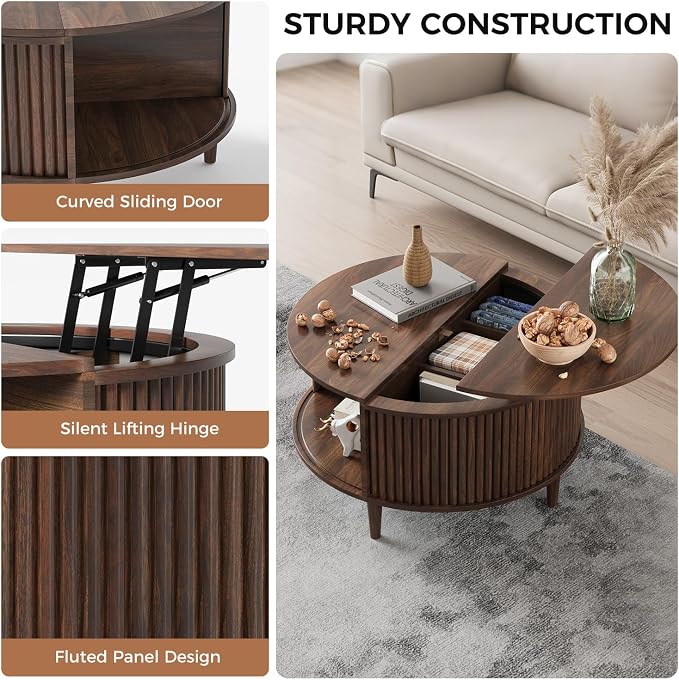 Round Coffee Table with Storage, Fluted Lift Top Coffee Table - Image 4
