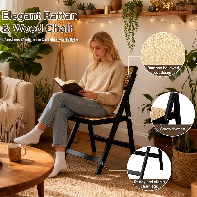 Furlide Rattan Folding Chairs, Modern Mid Century Dining Chairs Set of 2 - Image 3