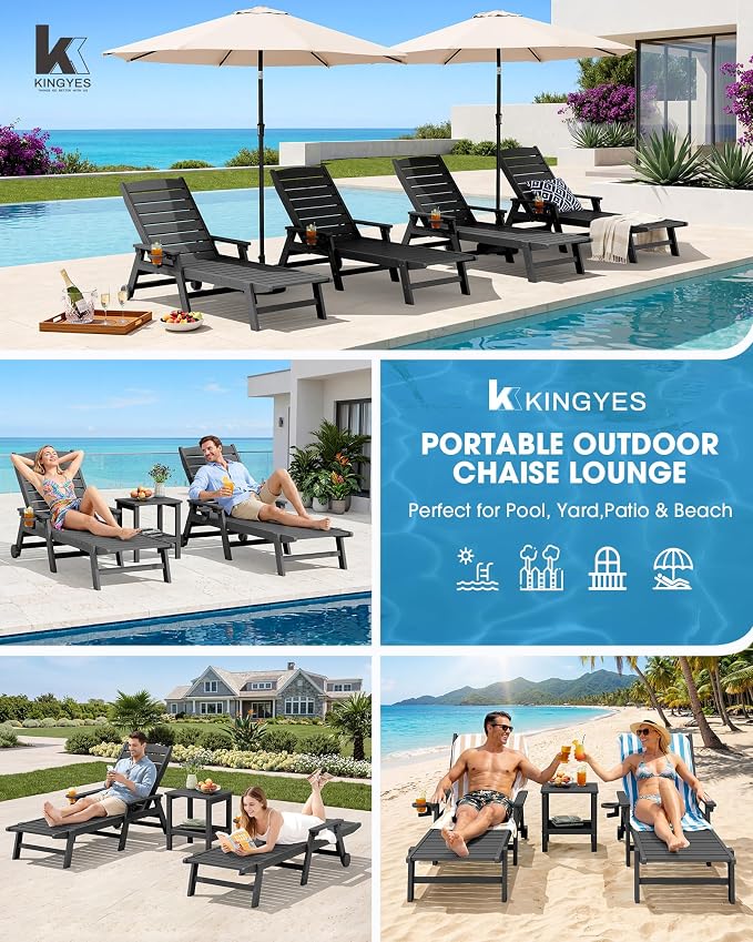 KINGYES HDPE Lounge Chair Outdoor Set of 2, Patio Chaise Lounge Recliner - Image 7
