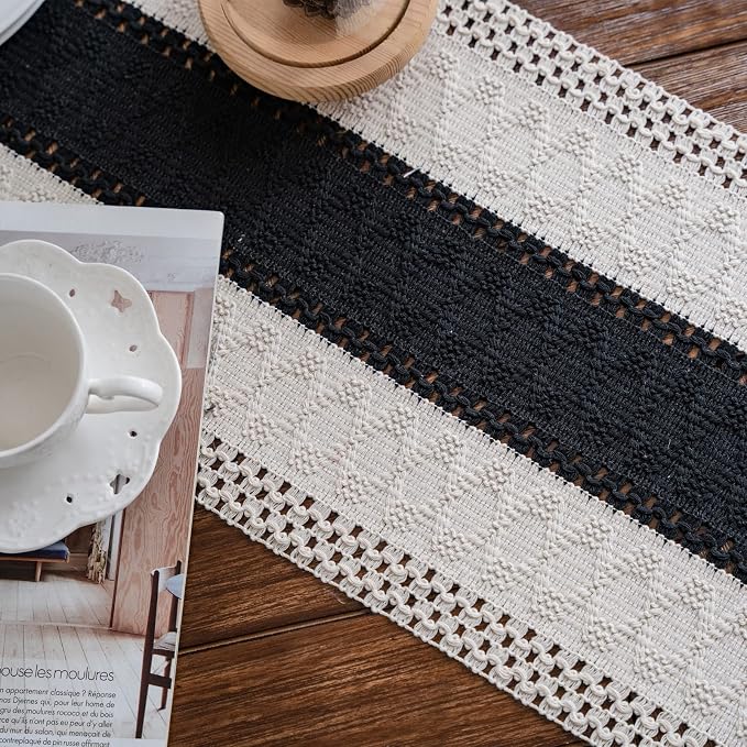 Macrame Table Runner Cream Beige and Black Boho Table Runners - Image 7