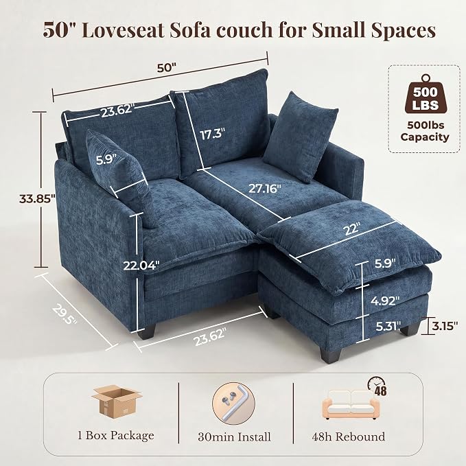 Loveseat Sofa with Ottoman, Cloud 3-Layer Cushion, Living Room, in a Box - Image 2