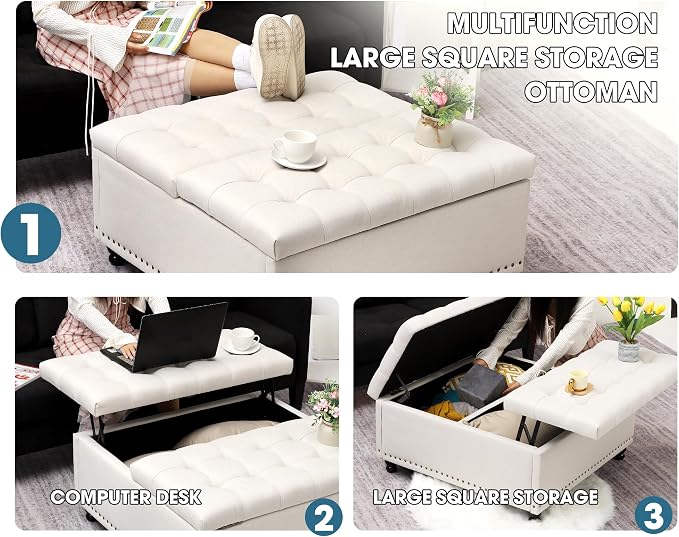 36" Large Square Ottoman with Storage, Tufted Upholstered Storage Ottoman with - Image 3