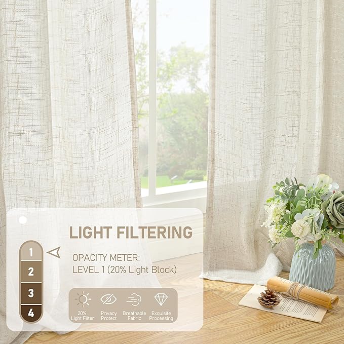 LAMIT Linen Curtains 40 Inch Length 2 Panels, Cream Ivory Semi Sheer Light - Image 4