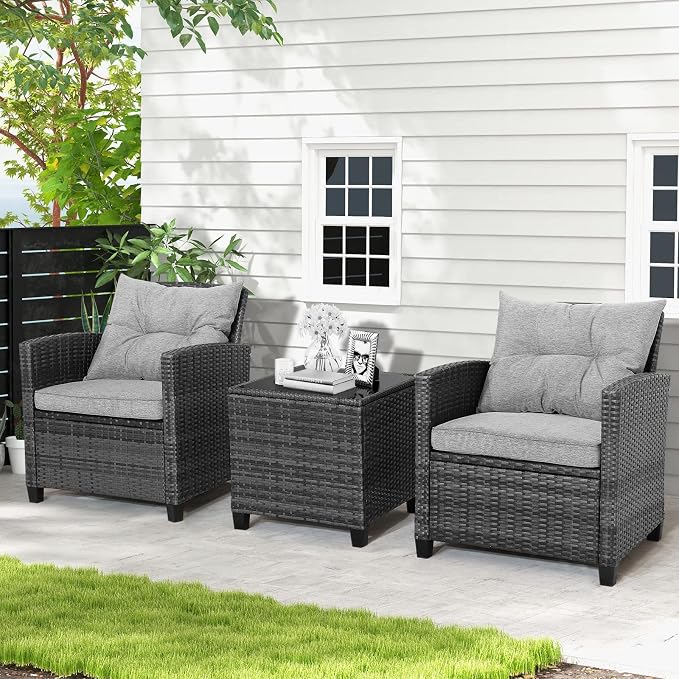 HAPPYGRILL 3 Pieces Patio Conversation Set, Outdoor Furniture Set PE Rattan - Image 4