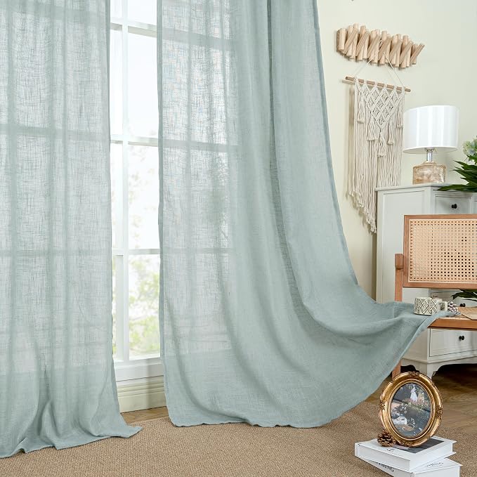 LAMIT Greyish Blue Linen Short Curtains 30 Inch Length, Semi Sheer Light - Image 9