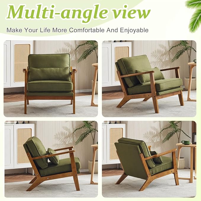 VINGLI Solid Wood Wide Armrests Accent Chair Set of 2, Upholstered Mid Century - Image 8