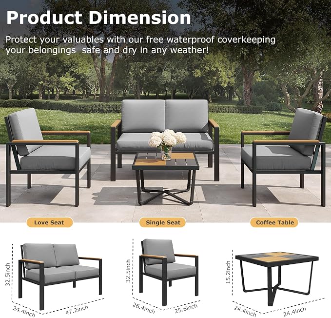 4-Piece Outdoor Patio Furniture Set, Metal Conversation Sofa Set - Image 2