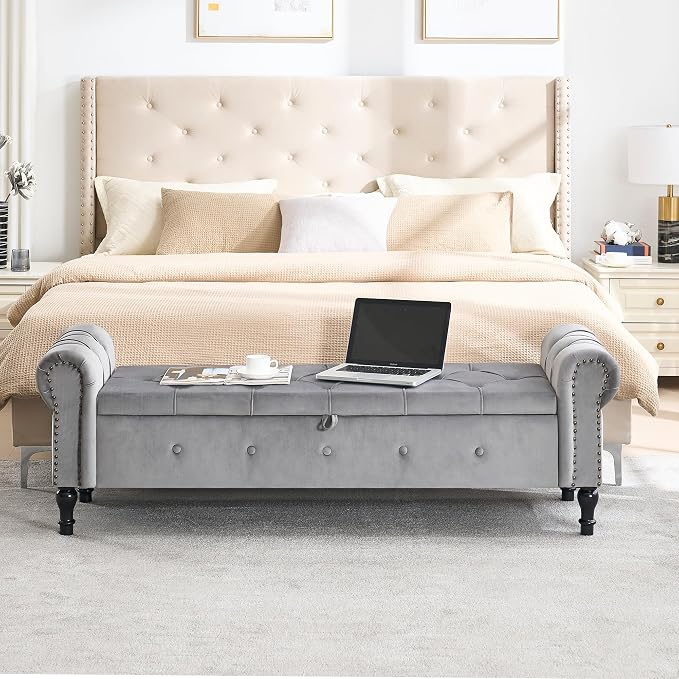 Storage Bench for Bedroom, Velvet 67" End of Bed Bench, King Size Benches - Image 4
