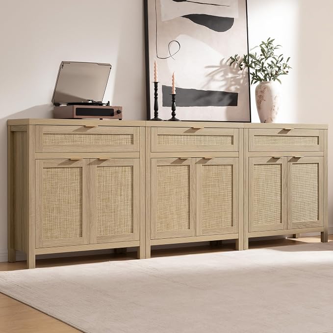 SICOTAS Sideboard Buffet Storage Cabinet Set of 3, Rattan Credenza Buffet Table by SICOTAS
