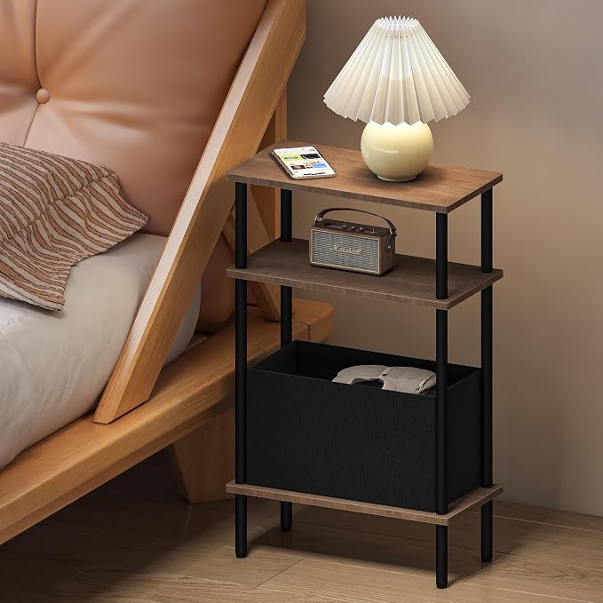 Narrow Side Table with Fabric Basket, Slim Nightstand with 3-Tier Storage Shelf - Image 6