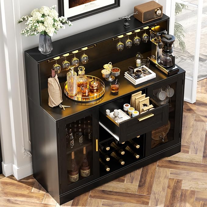 Unikito Wine Bar Cabinet with LED Light, Liquor Cabinet with Wine Rack and - Image 6