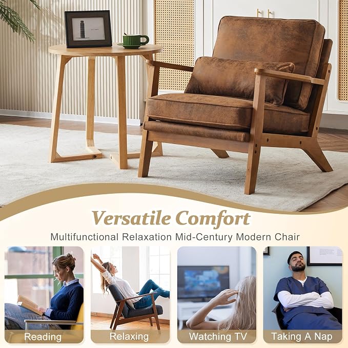 VINGLI Solid Wood Wide Armrests Accent Chair, Upholstered Mid Century Modern - Image 7