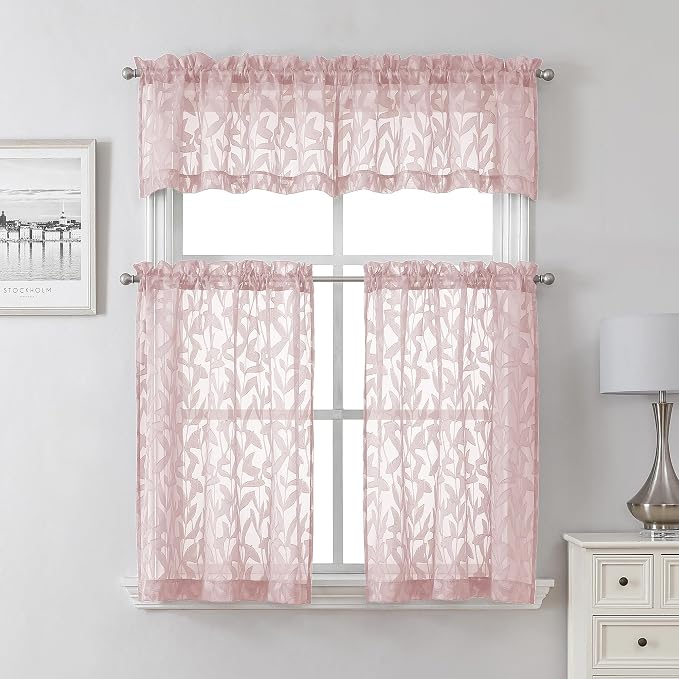 Lecloud Leia Blush Pink Sheer Curtains 36 Inch Length 2 Panels, Jacquard Leaf - Image 8