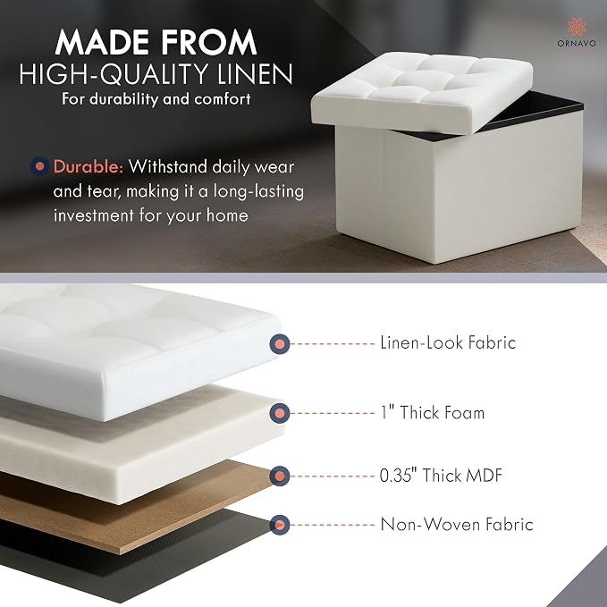 Ornavo Home Small Storage Ottoman, Foldable Collapsible Rectangle Linen Ottoman - Image 5