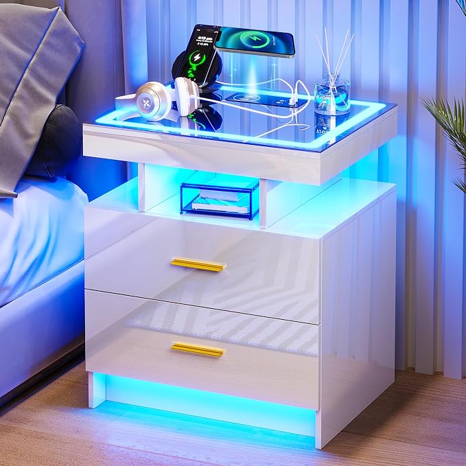HNEBC LED Nightstand with Charging Station High Gloss Bedside Table with 2 by HNEBC