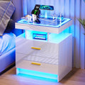 HNEBC LED Nightstand with Charging Station High Gloss Bedside Table with 2 by HNEBC