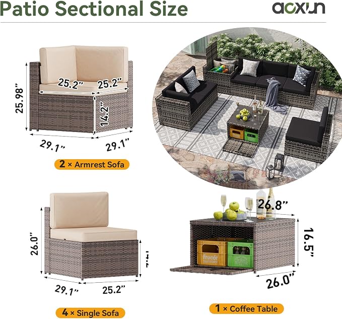 Aoxun 7 Piece Patio Furniture Set, All-Weather Wicker Outdoor Furniture 6 Seats - Image 7