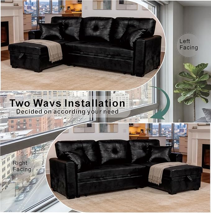 Eafurn Faux Leather Tufted Convertible Sleeper Sectional Sofa Bed, 3 Seater L - Image 6