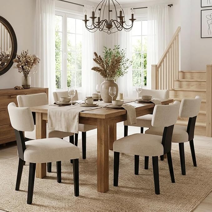 HNY Mid Century Modern Farmhouse Dining Chairs Set of 6, Linen Upholstered by HNY