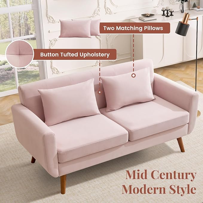 Tbfit 65" W Loveseat Sofa, Velvet Mid Century Modern Love Seat Couches - Image 4