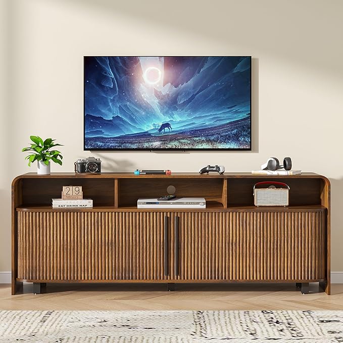 Fluted TV Stand for 75 65 80 Inch TV, 70 Inch Long Walnut Entertainment Center - Image 2