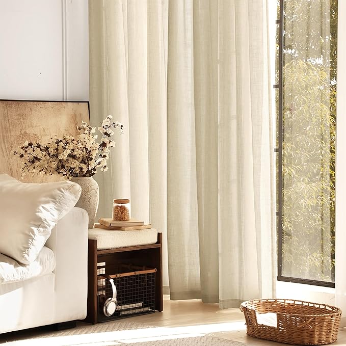 Greyish Beige Linen Curtain 102 inch Length 2 Panels Set Back Tab Light - Image 6