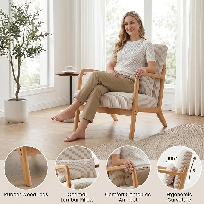 Mid Century Modern Accent Chair, Upholstered Corduroy Armchair - Image 7