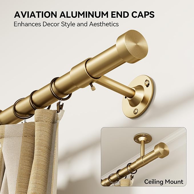 YaFex 2 Pack Heavy Duty Curtain Rods 32-60 Inch, 1 Inch Adjustable Gold Curtain - Image 2