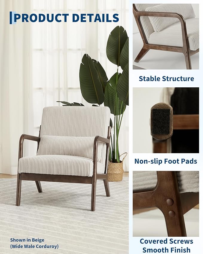 Garvee Mid-Century Modern Accent Chair, Wide-Wale Corduroy Upholstery, Solid - Image 5