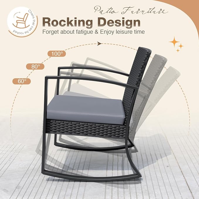 Greesum 3 Pieces Outdoor Furniture Set Patio Bistro Rocking Chairs - Image 5