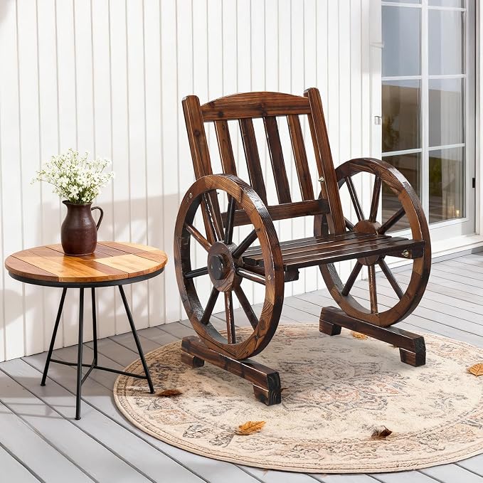 VINGLI Rustic Wooden Wheel Bench Outdoor Bench, Patio Bench Wagon Slatted Seat - Image 2