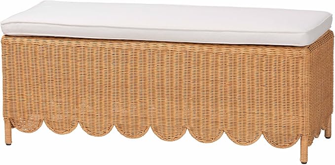 Bali & pari Teresa Bohemian Light Honey Scalloped Rattan Ottoman Bench by balipari