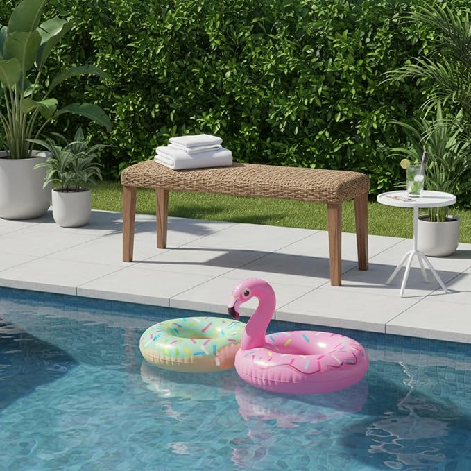 Outdoor Backless Bench, All-Weather Wicker & Solid Acacia Wood, Premium Garden - Image 8