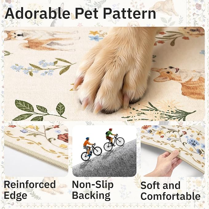 Dog 5x7 Area Rugs for Living Room, Machine Washable Animal Floral Vintage Rug - Image 6