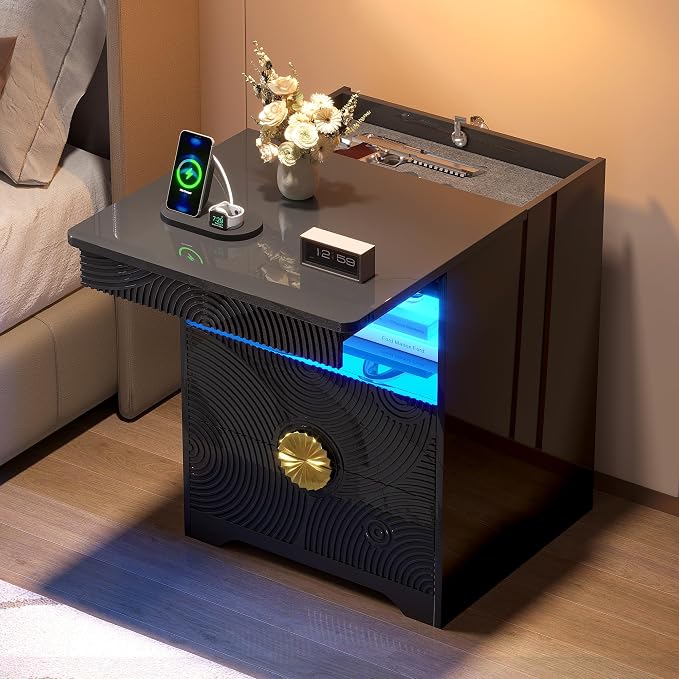 Nightstands Set of 2 with Gun Drawer, Bedside Table with 3-Color LED Lights & - Image 3