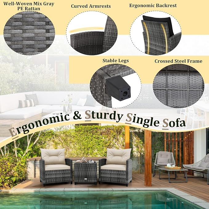 HAPPYGRILL 3 Pieces Patio Conversation Set PE Rattan Outdoor Furniture Sofa Set - Image 5