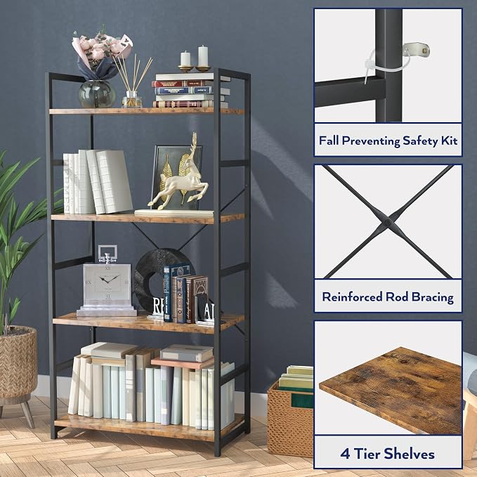 NUMENN 4 Tier Bookshelf, Tall Bookcase Shelf Storage Organizer, Modern Book - Image 5