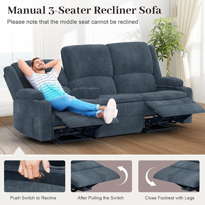 Yolsali 3-Seater Recliner Sofa, Manual Reclining Couch - Image 7