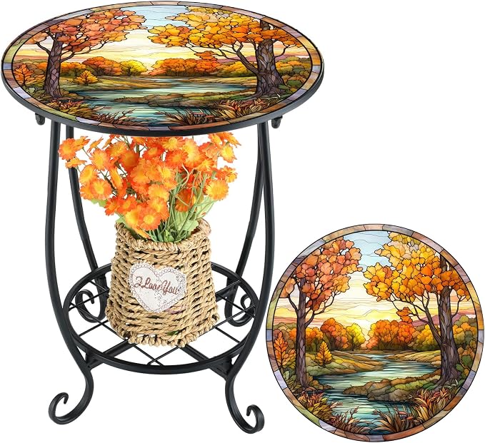Cinnvoice Outdoor Side Table Round Small Mosaic Patio Accent Indoor End Plant by Cinnvoice