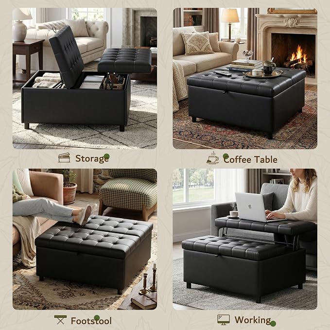 LINLUX Extra Large Leather Storage Ottoman, 35.5 Inch Large Square Lift Top - Image 4
