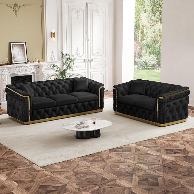 2 Piece Velvet Chesterfield Sofa Luxury Tufted Sofa Black and Gold Couch Set - Image 3