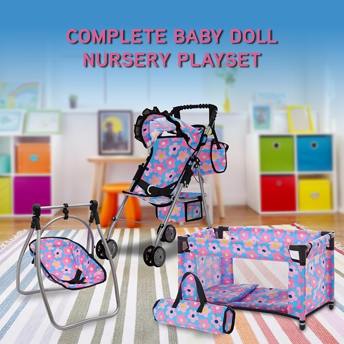 Baby Doll Stroller Bed and Swing Nursery Playset, Baby Doll Accessories - Image 3