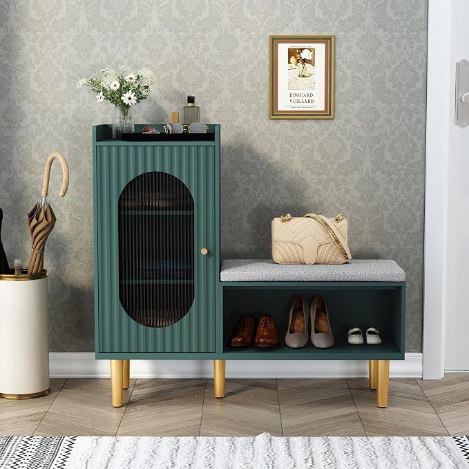 HLR Storage Bench with Glass Door&Shelf, Modern Entryway Shoe Cabinet Bench by HomeDeservesaRelaxLiving