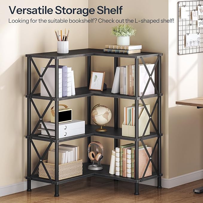 HOOBRO Corner Bookshelf, 4-Tier L-Shaped Bookcase, Industrial Open Display - Image 3