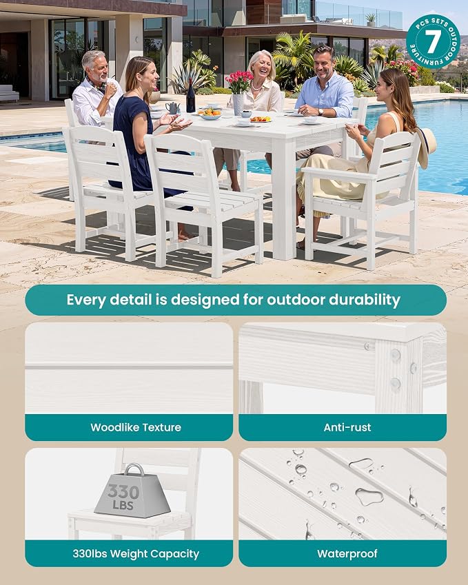 SERWALL HDPE Dining Set for 6: 1 Umbrella Hole Table, 4 Armless + 2 Armchairs. - Image 2