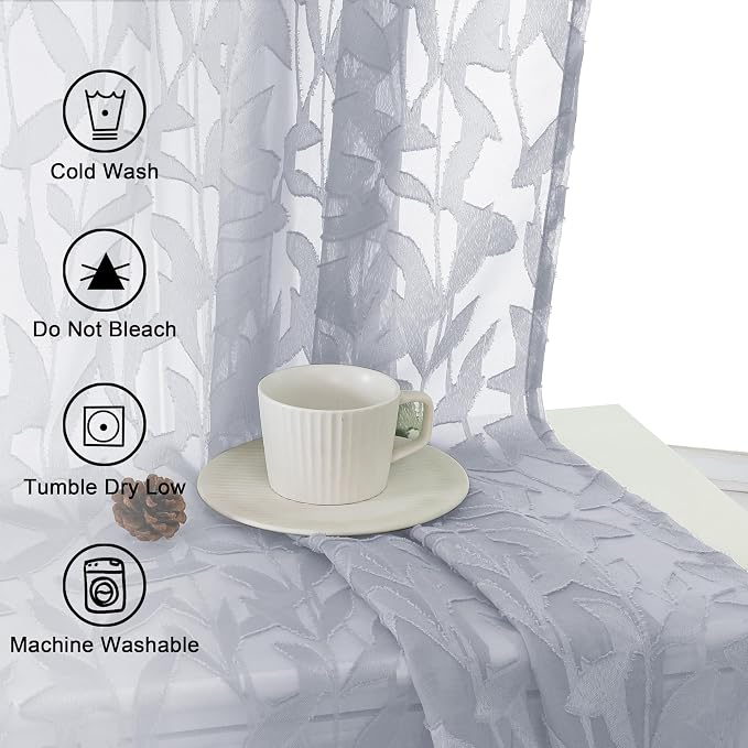 Lecloud Leia Light Grey Sheer Curtains 96 Inches Long 2 Panels, Jacquard Leaves - Image 7