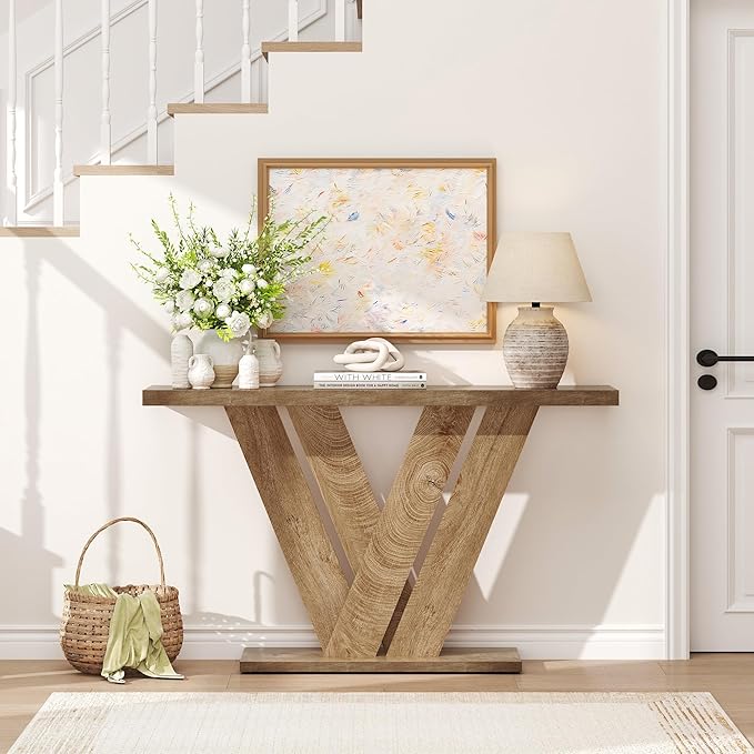 karlott 51 Inch Console Table, Modern V-Shaped Entryway Table, Wood Sofa Table - Image 4