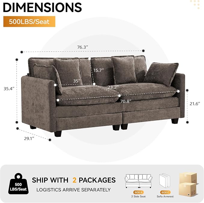 76″ Cloud Deep Seat Loveseat, Upholstered Chenille Modular 2-Seat Sectional - Image 2
