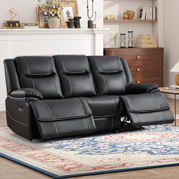 ANJ Premium Genuine Leather Manual Reclining Sofa Couch, Overstuffed 3-Seater by ANJ