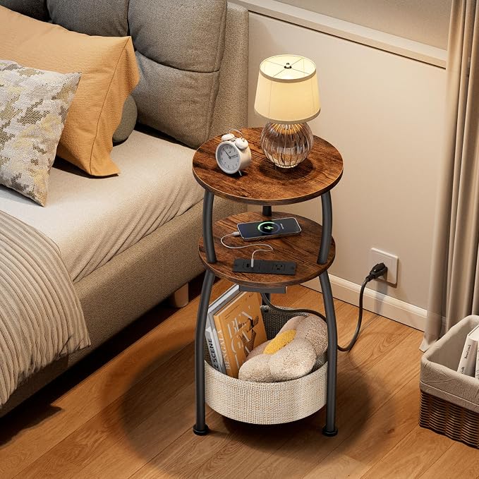 Side Table with Charging Station, Small Round End Table with Basket, USB Port - Image 4